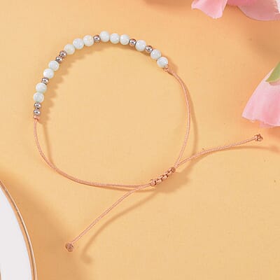 Green Shell Pearl 3-5mm Beaded Grateful Morse Code Bracelet in Sterling Silver and Cotton Cord (6.00 In)