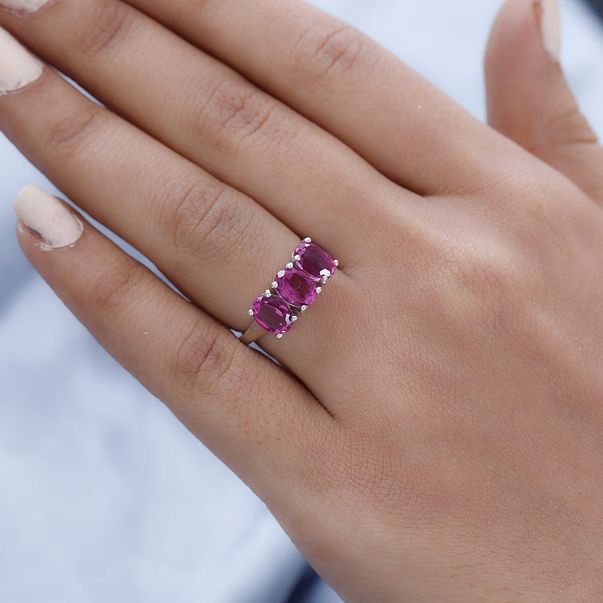 Radiant Orchid Quartz (Triplet) 3 Stone Ring in Platinum Over Sterling Silver (Size 6.0) 2.75 ctw image number 2