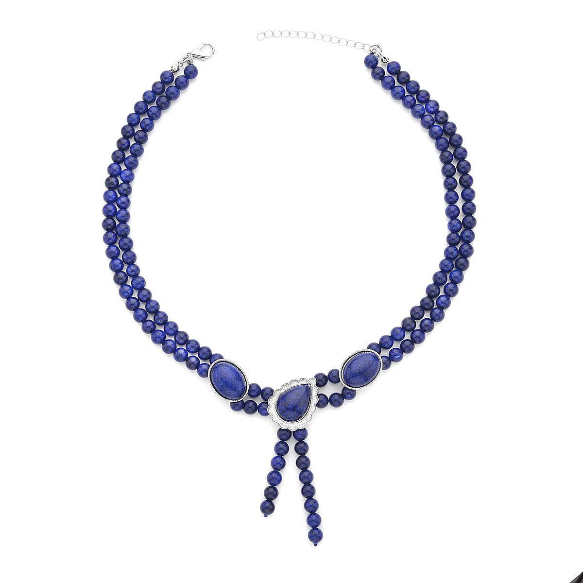 Lapis Lazuli Two Row Beaded Lariat Necklace 18-20 Inches in Silvertone 254.50 ctw image number 0