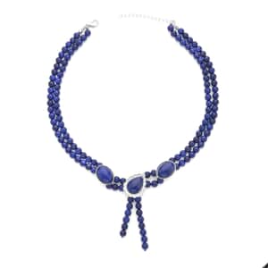 Lapis Lazuli Two Row Beaded Lariat Necklace 18-20 Inches in Silvertone 254.50 ctw