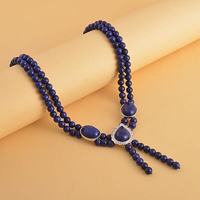 Lapis Lazuli Two Row Beaded Lariat Necklace 18-20 Inches in Silvertone 254.50 ctw