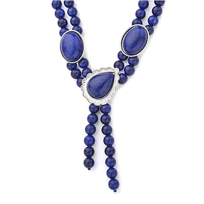Lapis Lazuli Two Row Beaded Lariat Necklace 18-20 Inches in Silvertone 254.50 ctw