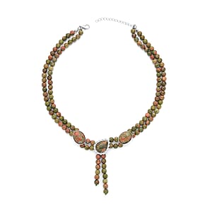Unakite Two Row Beaded Lariat Necklace 18-20 Inches in Silvertone 310.00 ctw