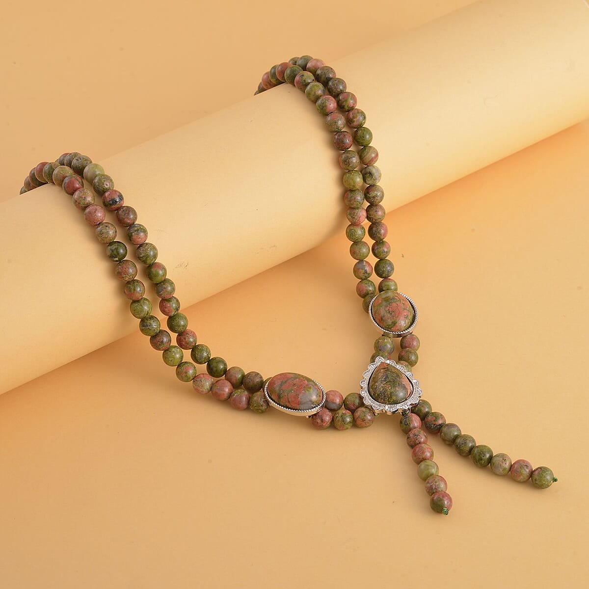 Unakite Two Row Beaded Lariat Necklace 18-20 Inches in Silvertone 310.00 ctw image number 1