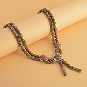 Unakite Two Row Beaded Lariat Necklace 18-20 Inches in Silvertone 310.00 ctw