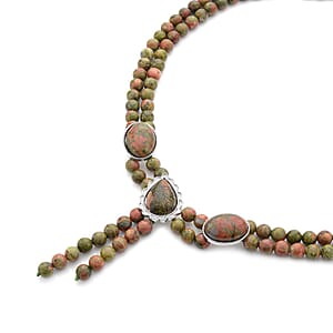 Unakite Two Row Beaded Lariat Necklace 18-20 Inches in Silvertone 310.00 ctw