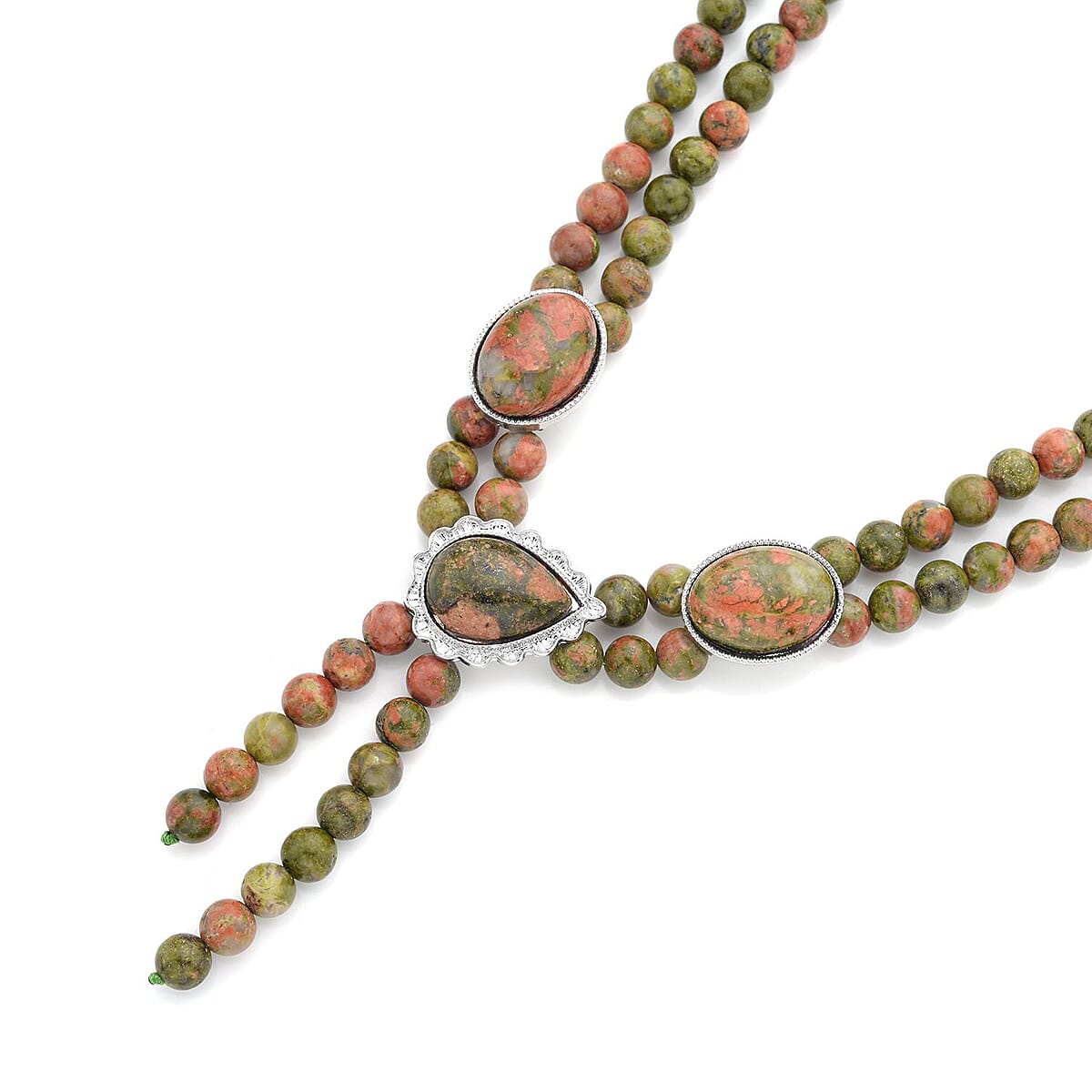 Unakite Two Row Beaded Lariat Necklace 18-20 Inches in Silvertone 310.00 ctw image number 3