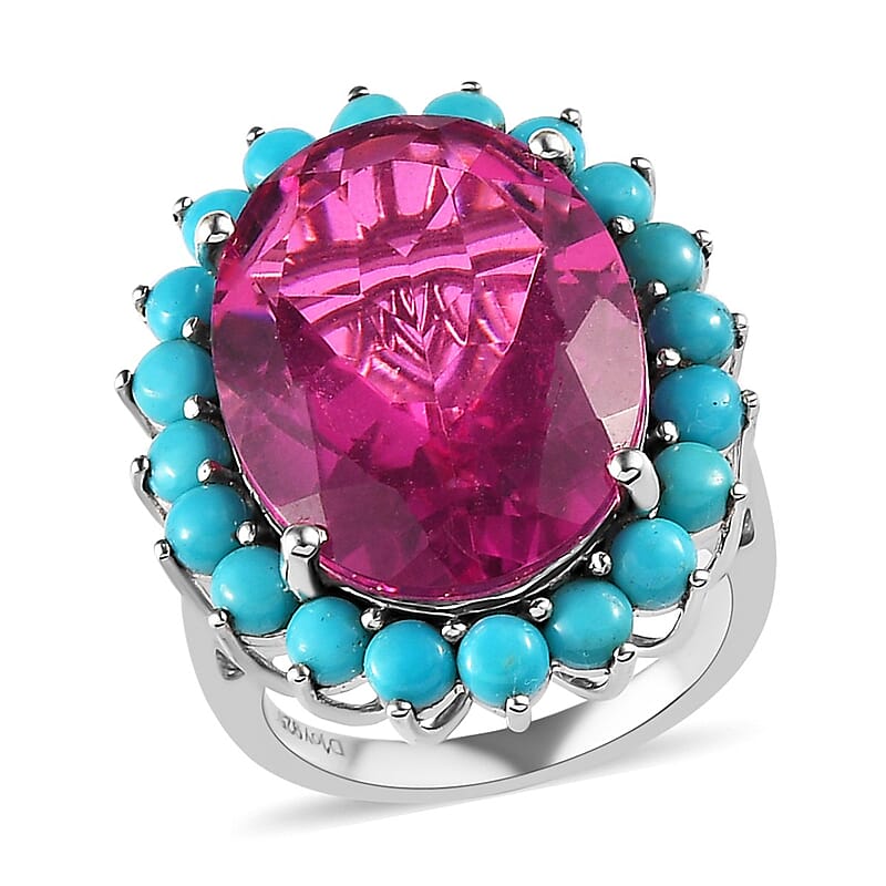Radiant Orchid Quartz (Triplet) and Sleeping Beauty Turquoise Sunburst Ring in Platinum Over Sterling Silver (Size 10.0) 17.75 ctw