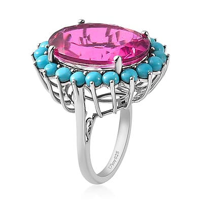 Radiant Orchid Quartz (Triplet) and Sleeping Beauty Turquoise Sunburst Ring in Platinum Over Sterling Silver (Size 10.0) 17.75 ctw