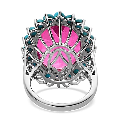Radiant Orchid Quartz (Triplet) and Sleeping Beauty Turquoise Sunburst Ring in Platinum Over Sterling Silver (Size 10.0) 17.75 ctw