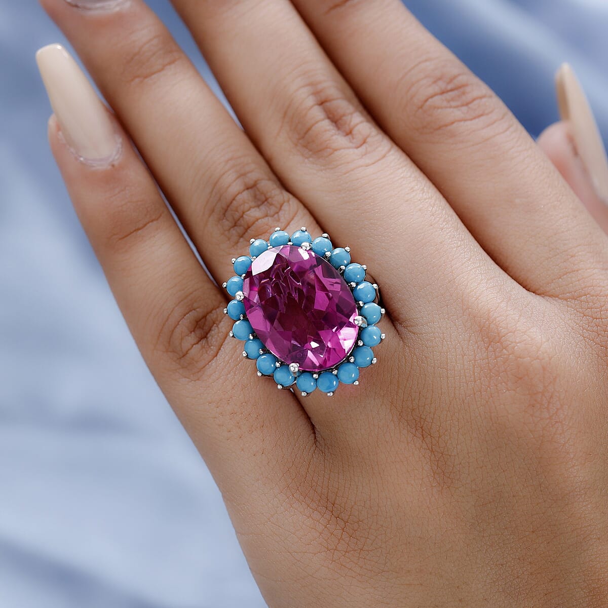Radiant Orchid Quartz (Triplet) and Sleeping Beauty Turquoise Sunburst Ring in Platinum Over Sterling Silver (Size 6.0) 17.75 ctw image number 2