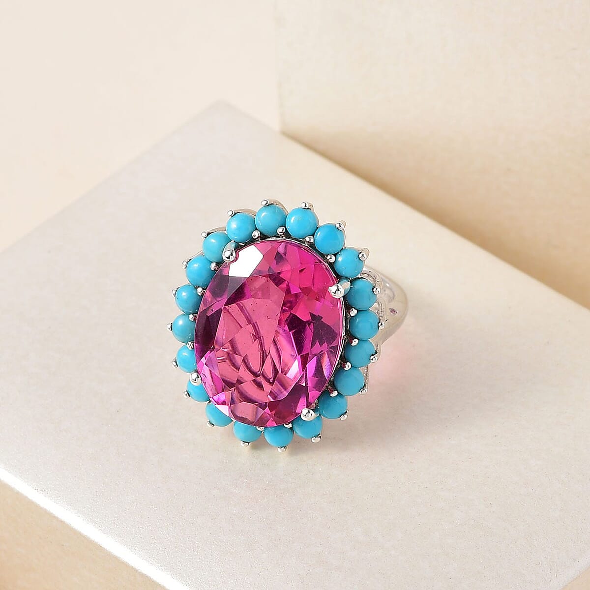 Radiant Orchid Quartz (Triplet) and Sleeping Beauty Turquoise Sunburst Ring in Platinum Over Sterling Silver (Size 8.0) 17.75 ctw image number 1