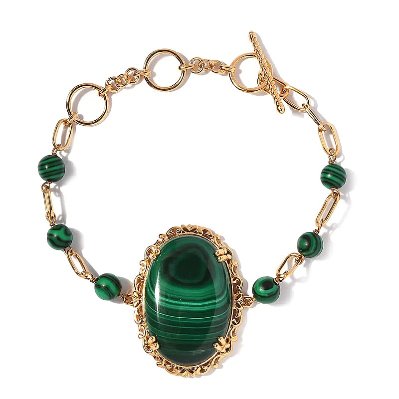 Karis African Malachite Paper Clip Chain Toggle Clasp Bracelet in 18K YG Plated (6.50 In) 57.00 ctw