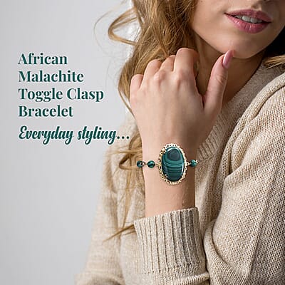 Karis African Malachite Paper Clip Chain Toggle Clasp Bracelet in 18K YG Plated (6.50 In) 57.00 ctw
