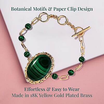 Karis African Malachite Paper Clip Chain Toggle Clasp Bracelet in 18K YG Plated (6.50 In) 57.00 ctw