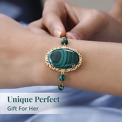 Karis African Malachite Paper Clip Chain Toggle Clasp Bracelet in 18K YG Plated (6.50 In) 57.00 ctw