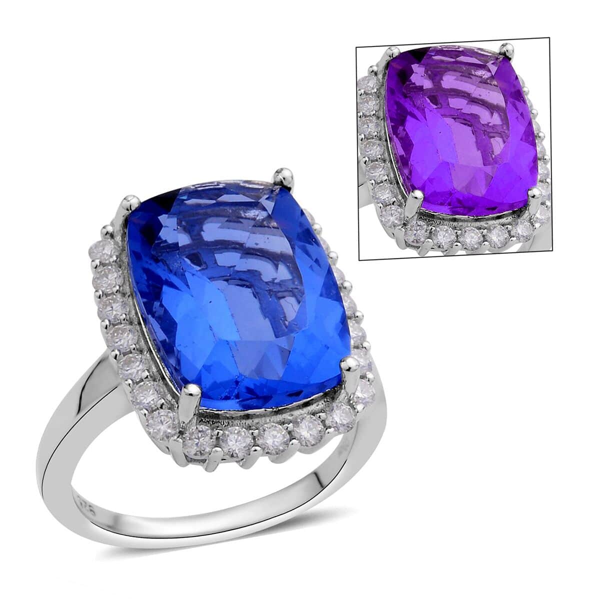 Color Change Fluorite and Moissanite Halo Ring in Rhodium Over Sterling Silver (Size 10.0) 12.90 ctw image number 0