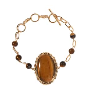 Karis Tiger's Eye Paper Clip Chain Toggle Clasp Bracelet in 18K YG Plated (6.50 In) 42.15 ctw