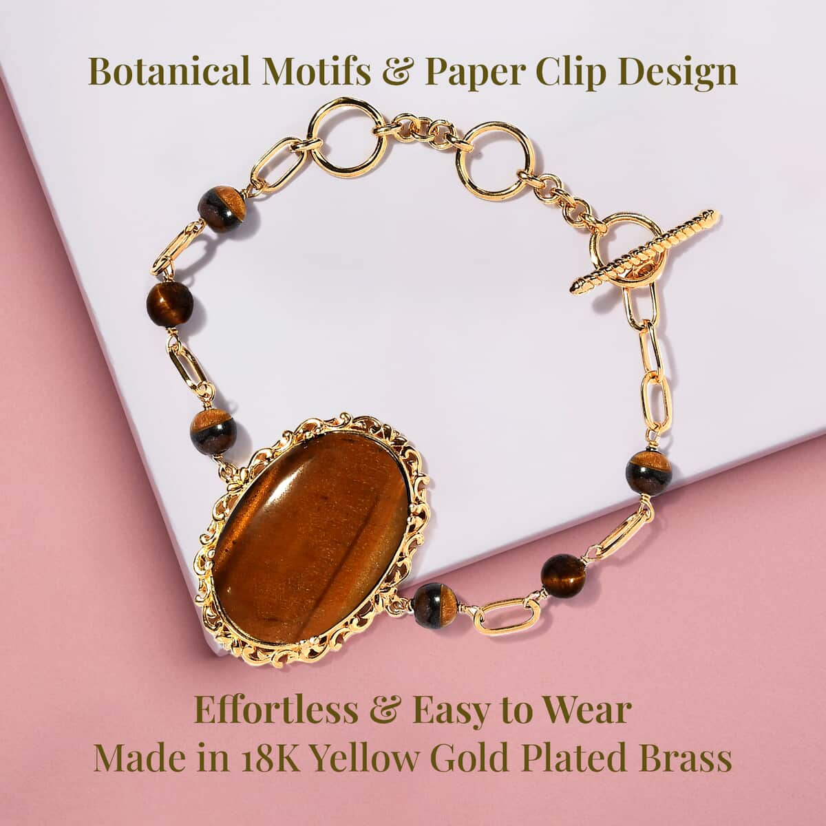 Karis Tiger's Eye Paper Clip Chain Toggle Clasp Bracelet in 18K YG Plated (6.50 In) 42.15 ctw image number 3