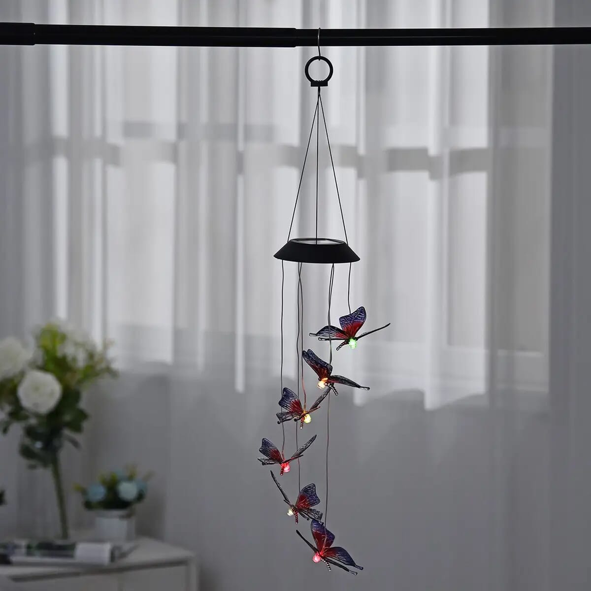 Solar Butterfly LED Wind Chime - Red & Blue (5.1"x5.1"x27.5") image number 1