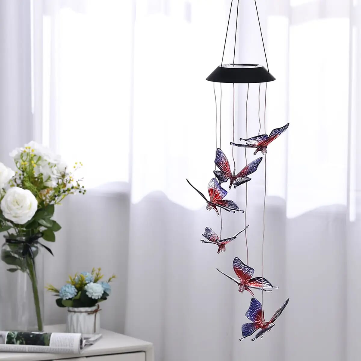 Solar Butterfly LED Wind Chime - Red & Blue (5.1"x5.1"x27.5") image number 2