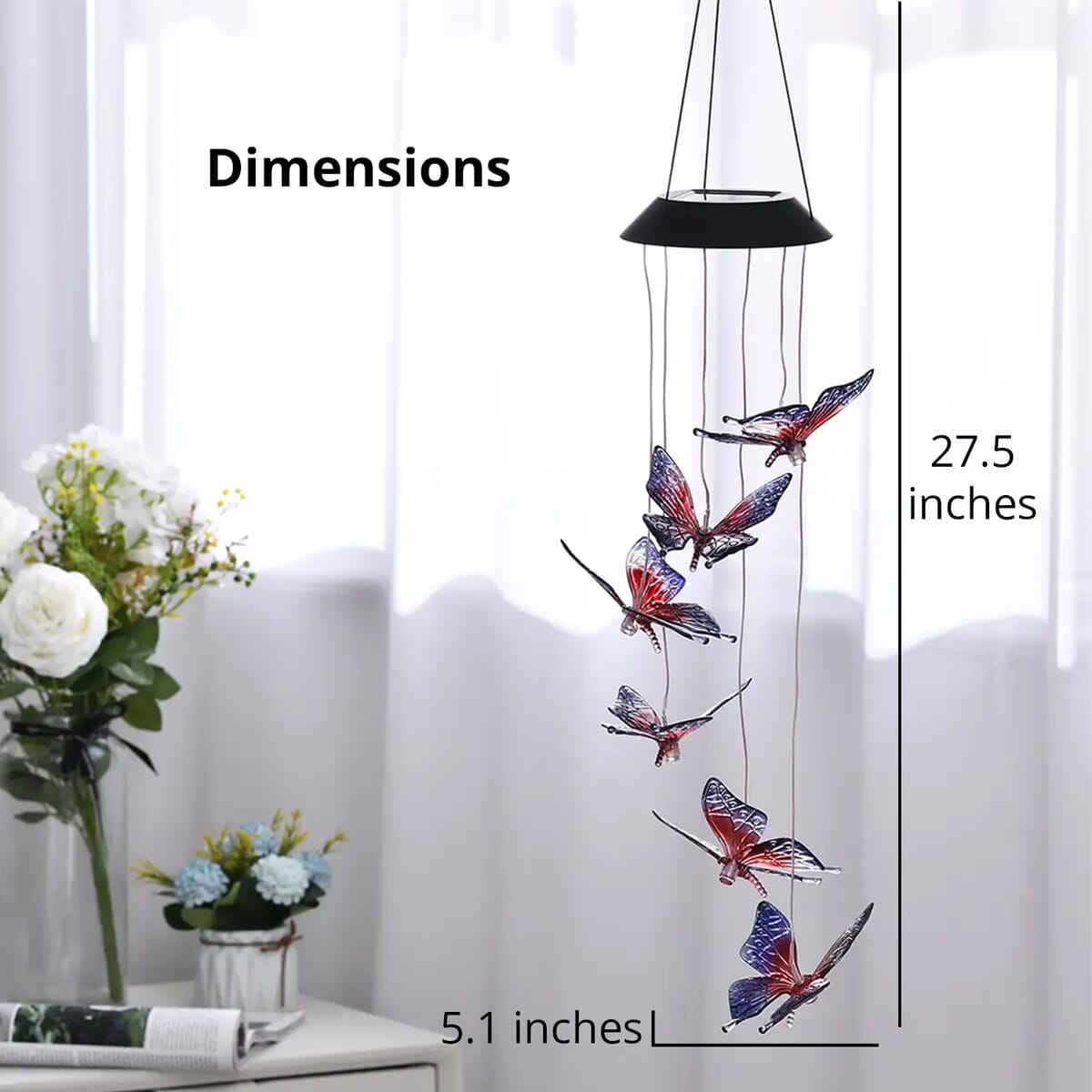 Solar Butterfly LED Wind Chime - Red & Blue (5.1"x5.1"x27.5") image number 5