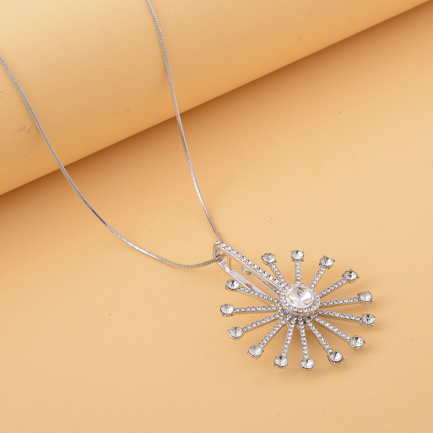 White Aurora Borealis Austrian Crystal Spinner Necklace 28-30 Inches in Silvertone