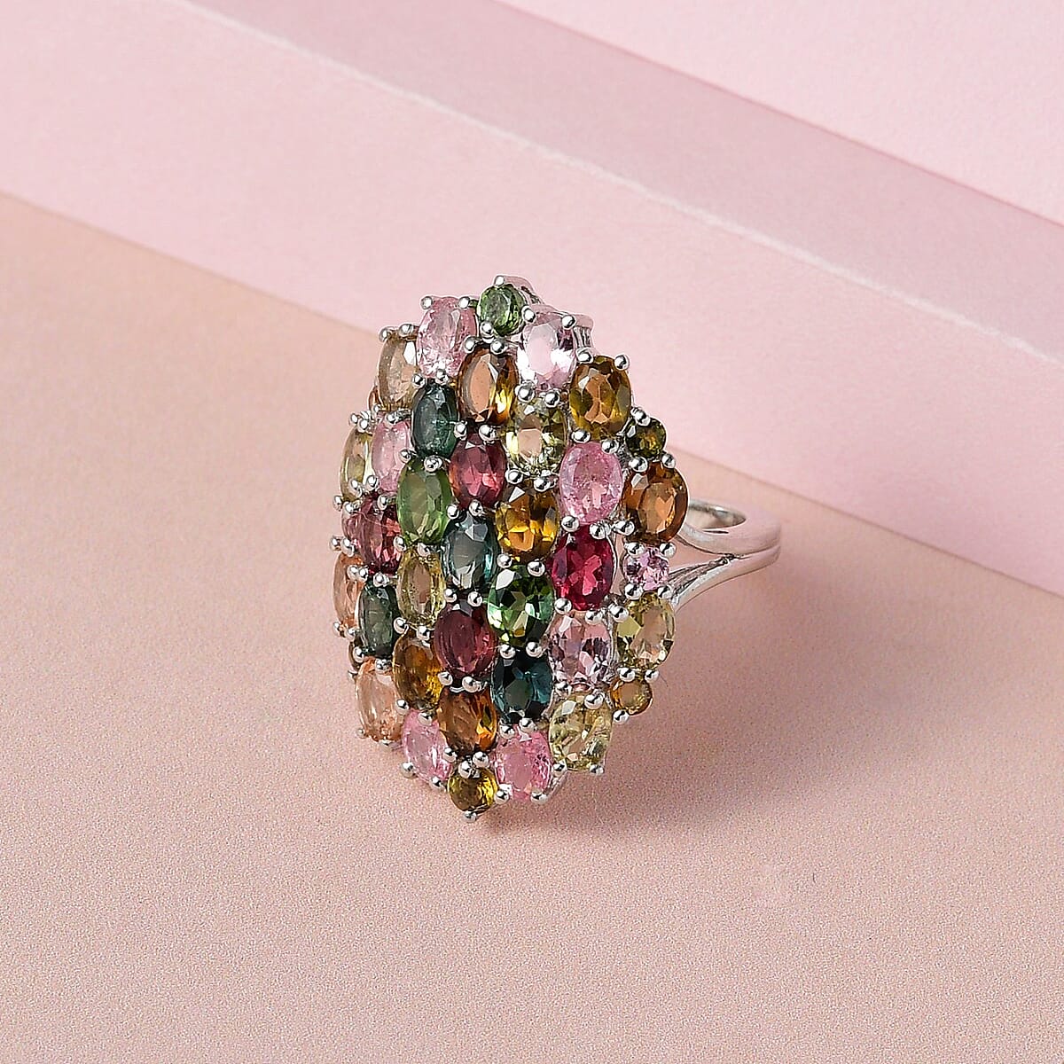 Multi-Tourmaline Elongated Cluster Ring in Platinum Over Sterling Silver 2.60 ctw image number 1