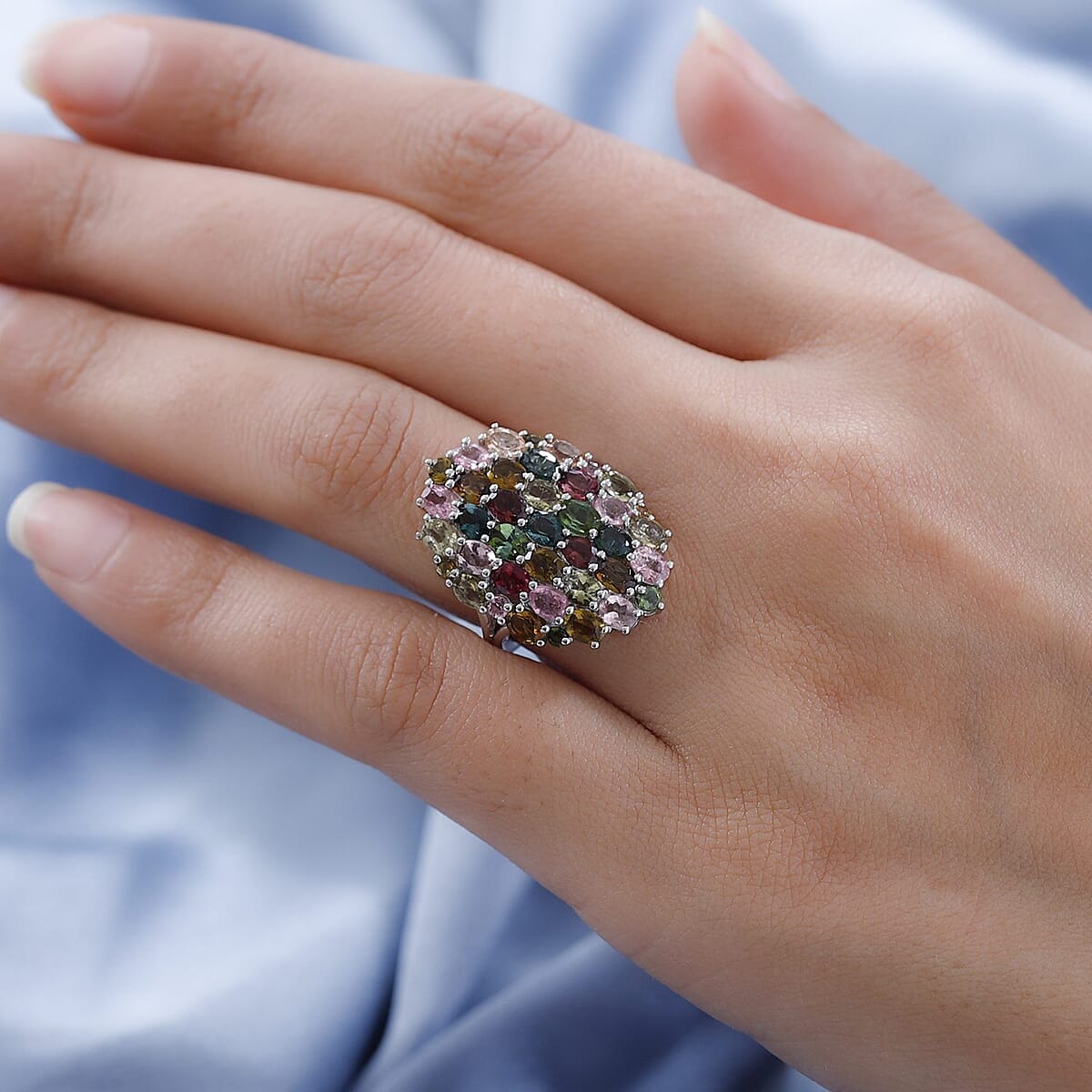 Multi-Tourmaline Elongated Cluster Ring in Platinum Over Sterling Silver 2.60 ctw image number 2