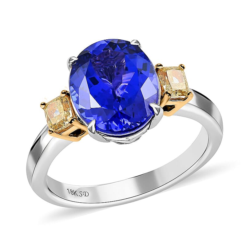 Modani 18K White Gold AAAA Tanzanite Ring, Natural Yellow Diamond Ring, Anniversary Gift For Her, Oval Engagement Ring 4.50 ctw (Size 10.0)