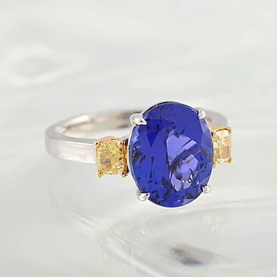 Modani 18K White Gold AAAA Tanzanite Ring, Natural Yellow Diamond Ring, Anniversary Gift For Her, Oval Engagement Ring 4.50 ctw (Size 10.0)