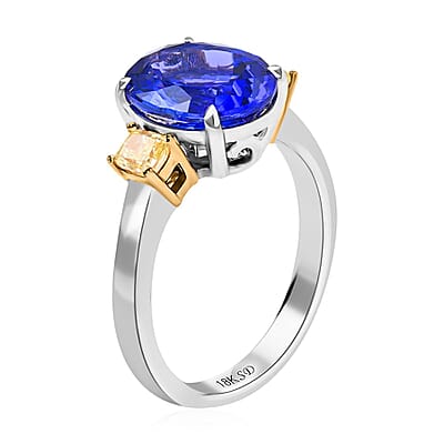 Modani 18K White Gold AAAA Tanzanite Ring, Natural Yellow Diamond Ring, Anniversary Gift For Her, Oval Engagement Ring 4.50 ctw (Size 10.0)