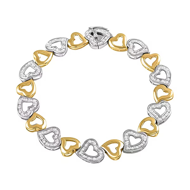 Closeout Diamond Bracelet in 14K Yellow Gold Plated Sterling Silver, Diamond Heart Bracelet (7.50 In) 1.00 ctw