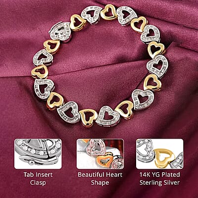Closeout Diamond Bracelet in 14K Yellow Gold Plated Sterling Silver, Diamond Heart Bracelet (7.50 In) 1.00 ctw