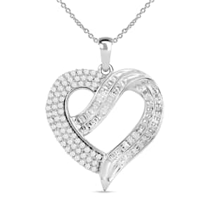 Diamond Heart Pendant Necklace 18 Inches in Platinum Over Sterling Silver 1.00 ctw