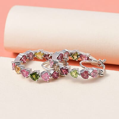 Multi-Tourmaline Inside Out Hoop Earrings in Platinum Over Sterling Silver 3.00 ctw