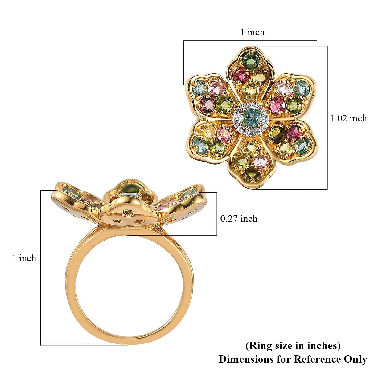 Multi-Tourmaline and Natural White Zircon Floral Ring in Vermeil Yellow Gold Over Sterling Silver 3.15 ctw image number 5