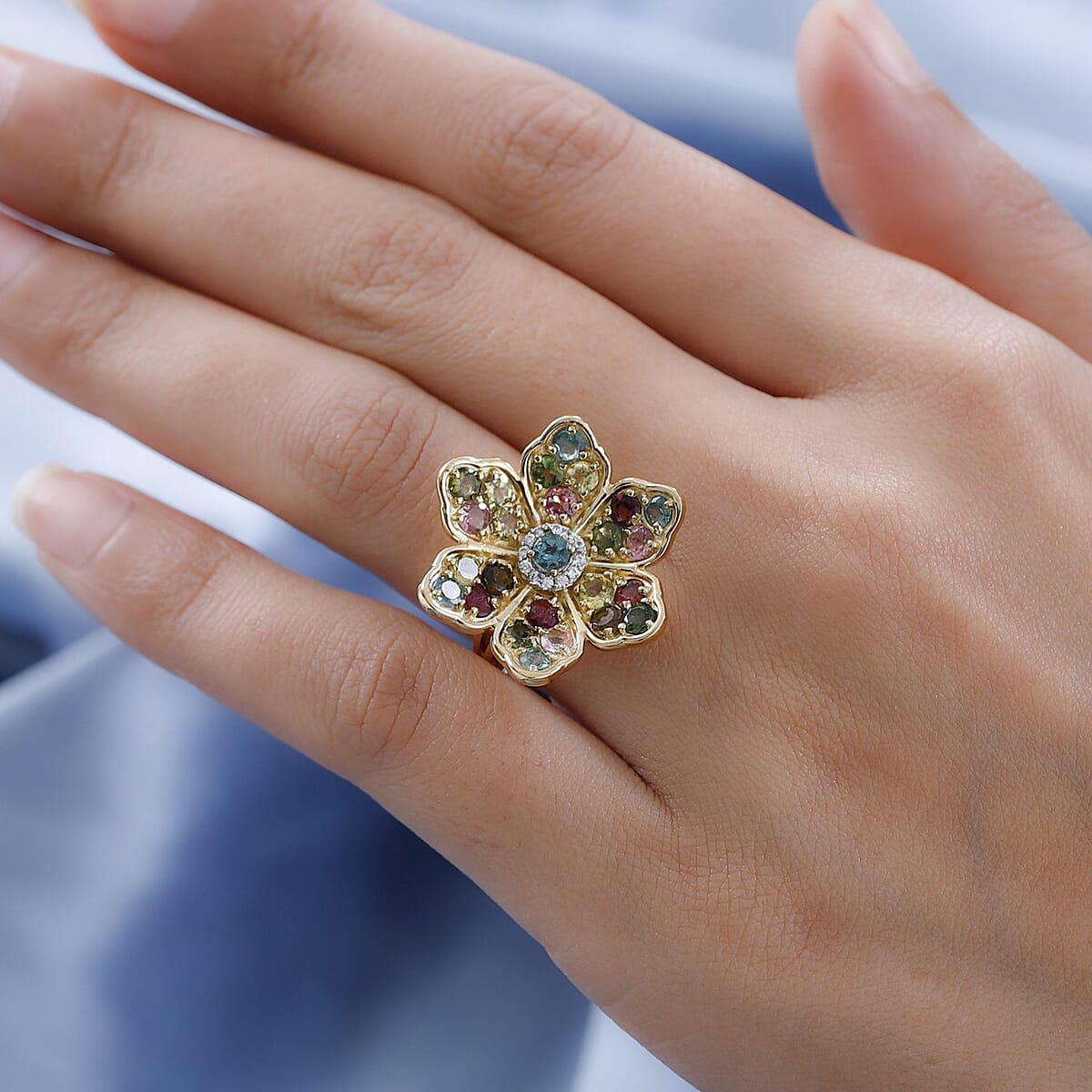 Multi-Tourmaline and White Zircon Floral Ring in Vermeil Yellow Gold Over Sterling Silver (Size 7.0) 3.15 ctw image number 2