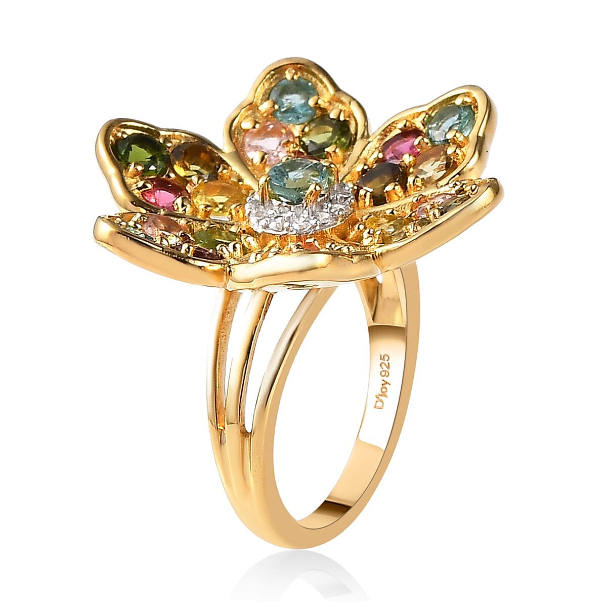 Multi-Tourmaline and White Zircon Floral Ring in Vermeil Yellow Gold Over Sterling Silver (Size 7.0) 3.15 ctw image number 3