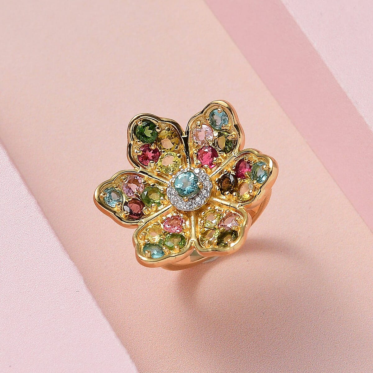 Multi-Tourmaline and White Zircon Floral Ring in Vermeil Yellow Gold Over Sterling Silver (Size 8.0) 3.15 ctw image number 1