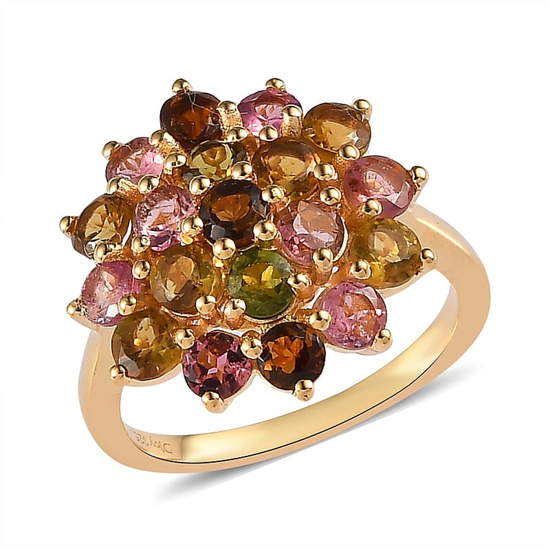 Multi-Tourmaline Floral Ring in Vermeil Yellow Gold Over Sterling Silver (Size 10.0) 2.25 ctw