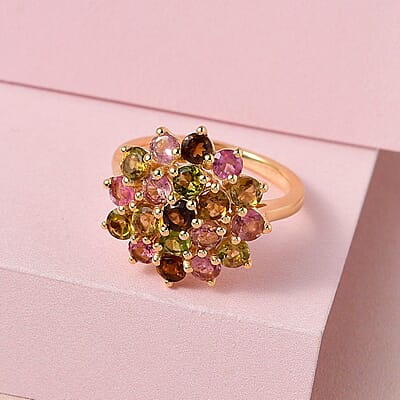 Multi-Tourmaline Floral Ring in Vermeil Yellow Gold Over Sterling Silver (Size 10.0) 2.25 ctw