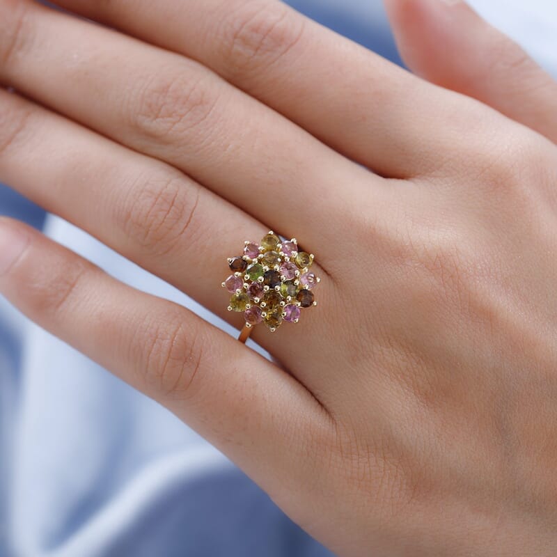 Multi-Tourmaline Floral Ring in Vermeil Yellow Gold Over Sterling Silver (Size 10.0) 2.25 ctw