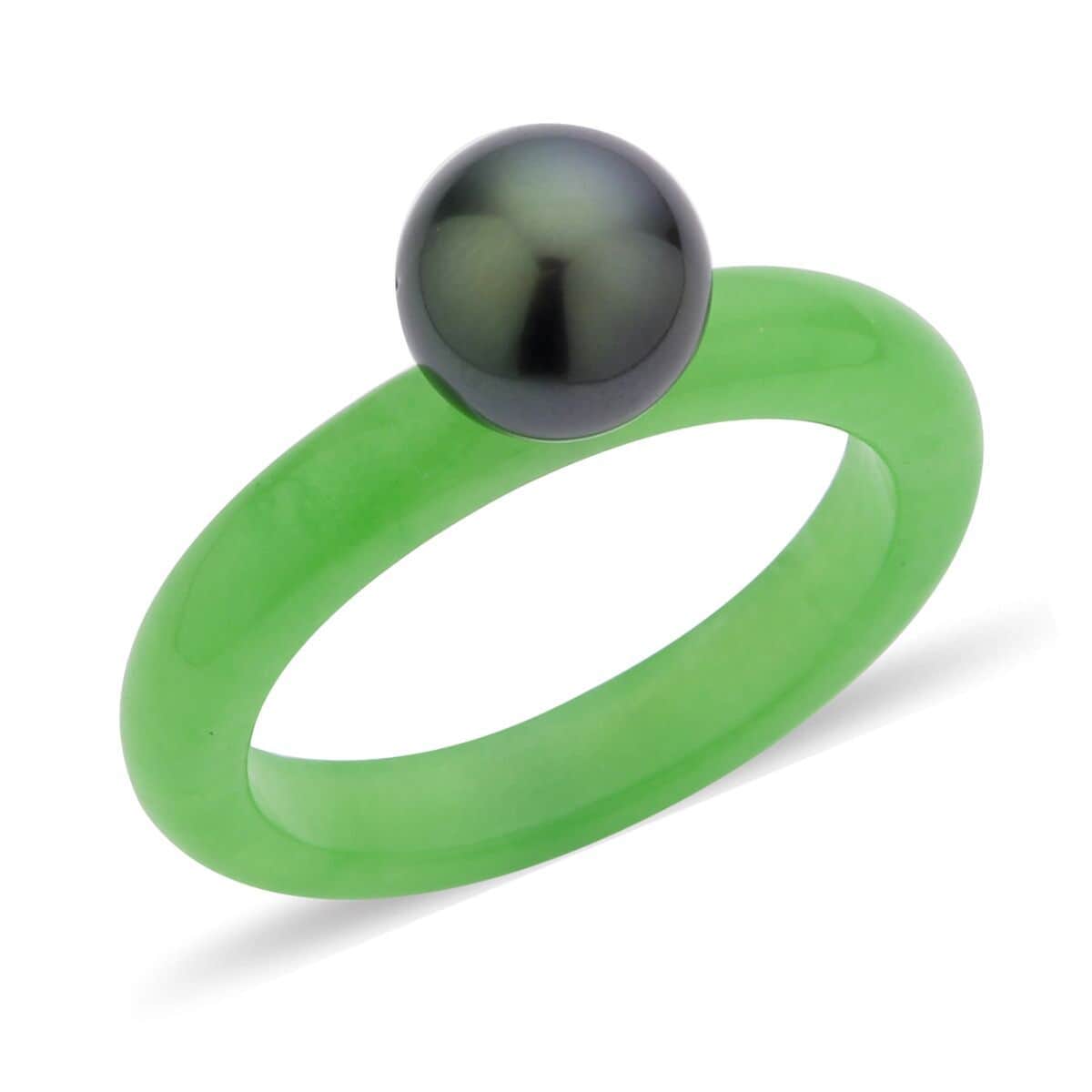 Tahitian Cultured Pearl and Green Jade Band Ring in Rhodium Over Sterling Silver 11.00 ctw image number 0