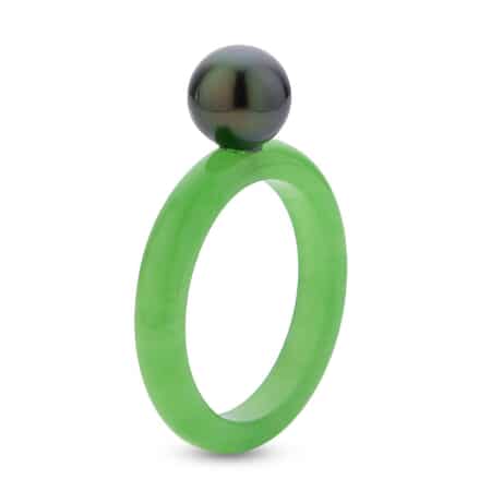 Tahitian Cultured Pearl and Green Jade (D) Band Ring in Rhodium Over Sterling Silver (Size 5.0) 11.00 ctw image number 3