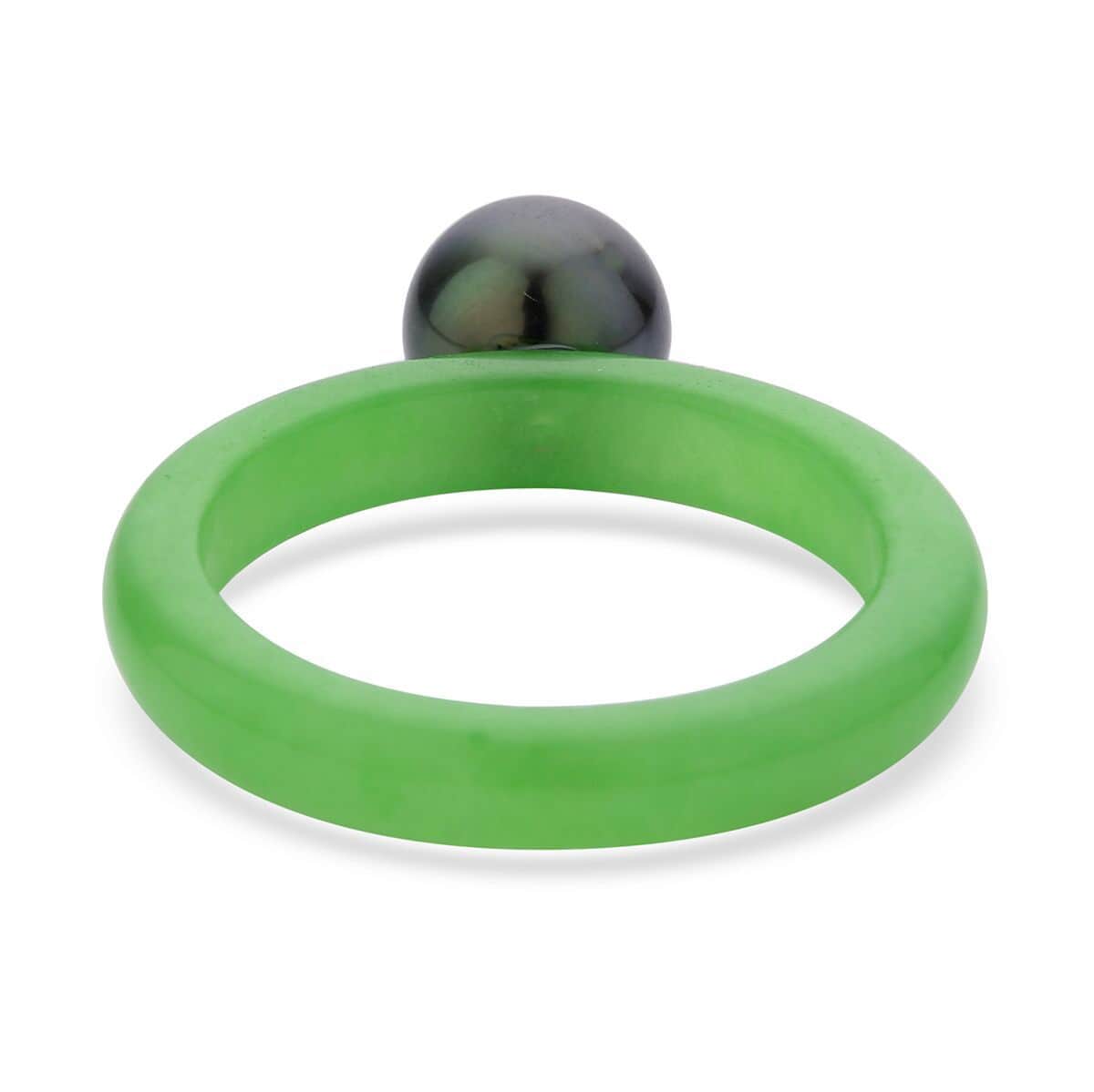Tahitian Cultured Pearl and Green Jade (D) Band Ring in Rhodium Over Sterling Silver (Size 5.0) 11.00 ctw image number 4