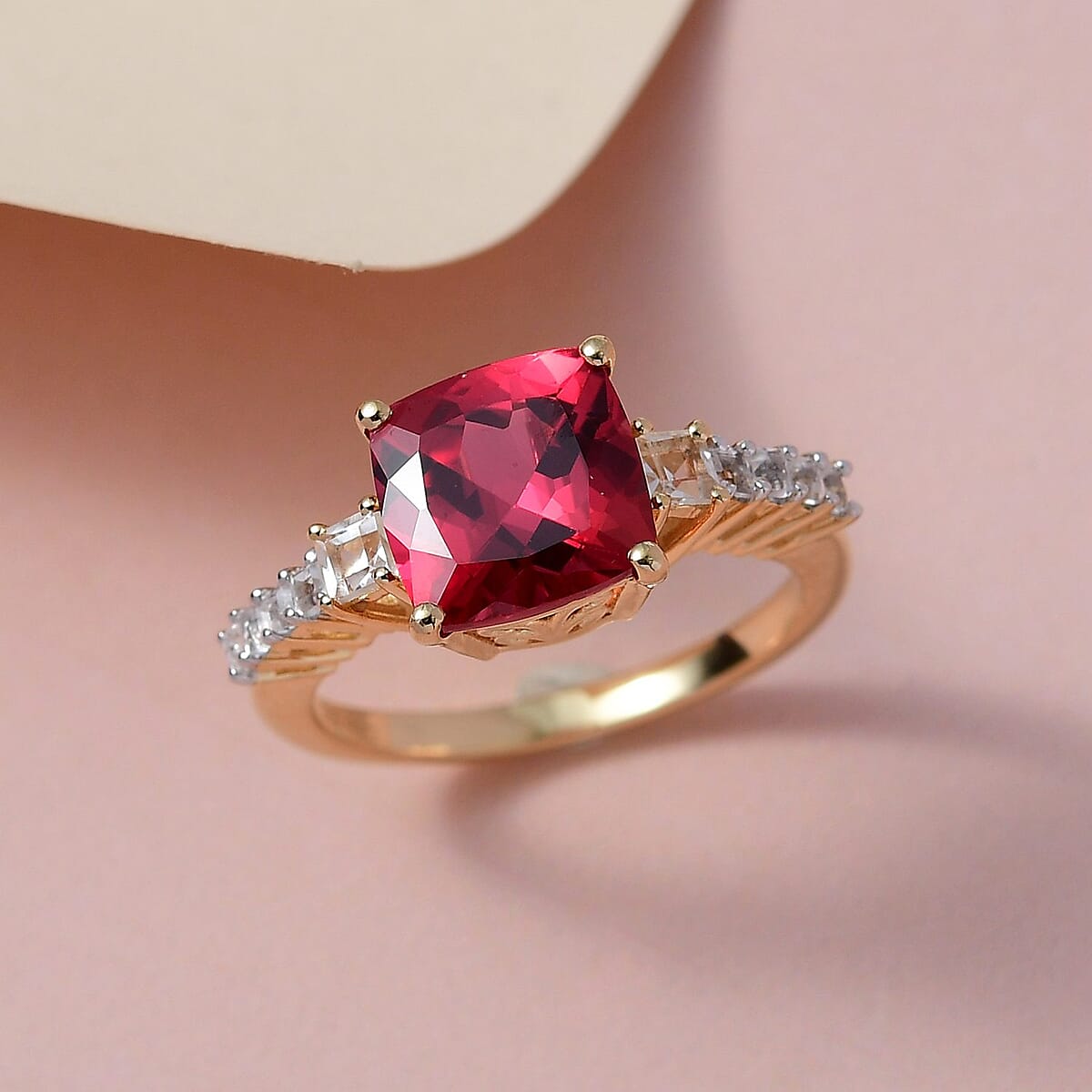 Lab Created Padparadscha Sapphire and White Topaz Ring in Vermeil Yellow Gold Over Sterling Silver 5.25 ctw image number 1