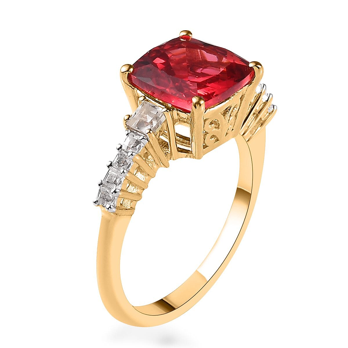 Lab Created Padparadscha Sapphire and White Topaz Ring in Vermeil Yellow Gold Over Sterling Silver 5.25 ctw image number 3