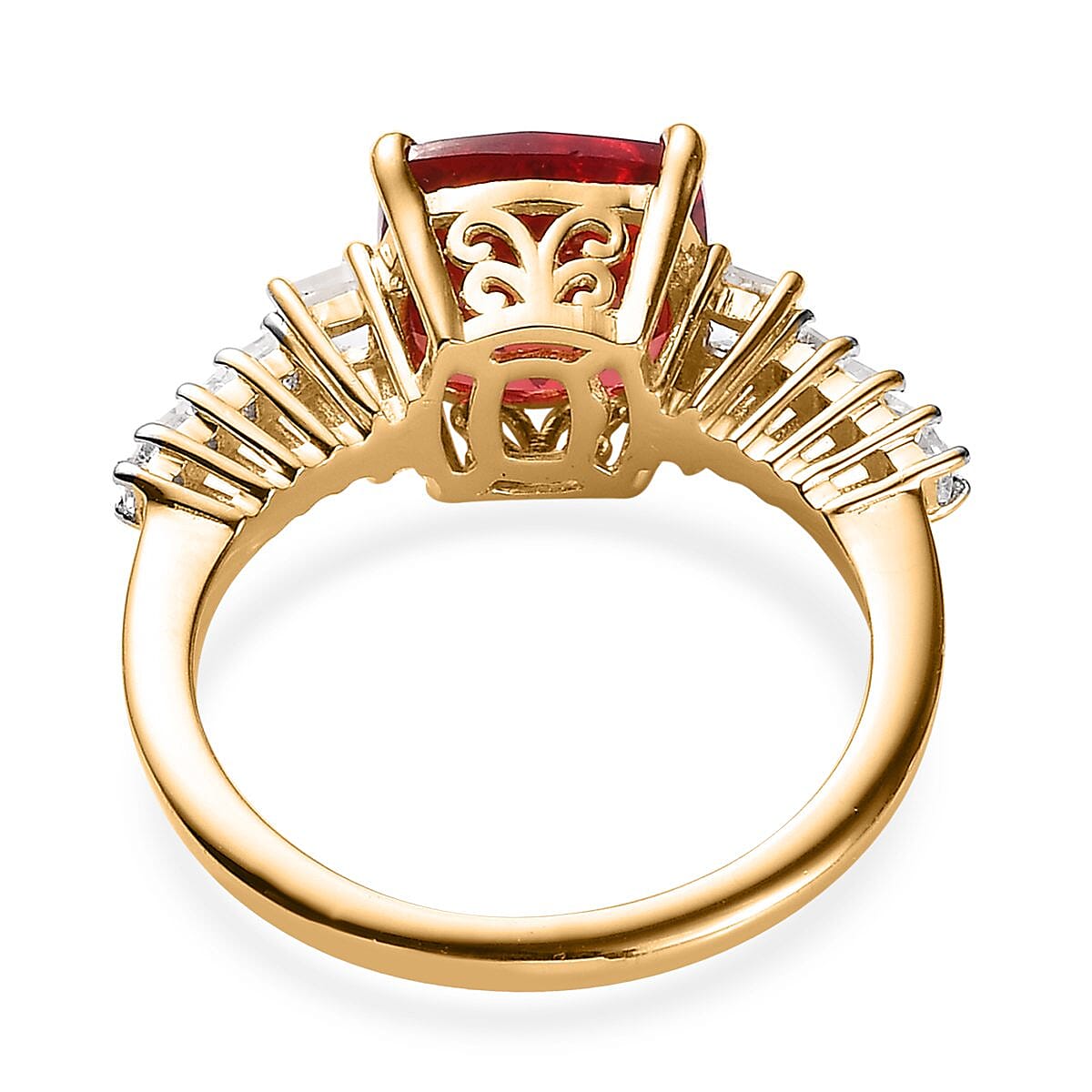 Lab Created Padparadscha Sapphire and White Topaz Ring in Vermeil Yellow Gold Over Sterling Silver (Size 6.0) 5.25 ctw image number 4