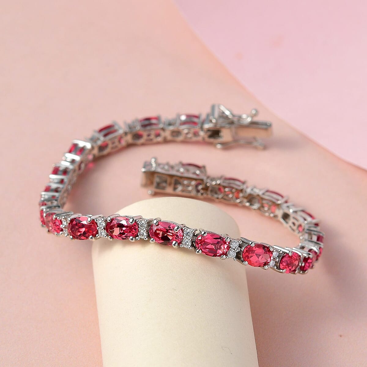 Lab Created Padparadscha Sapphire and Moissanite Tennis Bracelet in Platinum Over Sterling Silver (6.50 In) 9 Grams 13.00 ctw image number 1